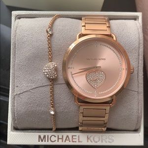 Rose gold MK watch and bracelet set